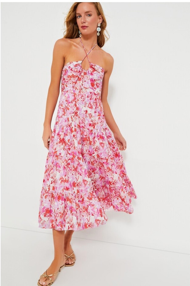 Tuckernuck Hyacinth House Aurora Halter Midi Dress Cotton Floral Pink Xl New